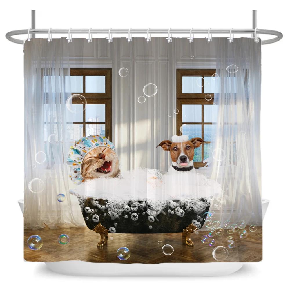 Funny Cute Cartoon Bathing Cat Dog Shower Curtains Bathroom Bathtub Decoration Waterproof Bath Curtain Home Decor with Hooks