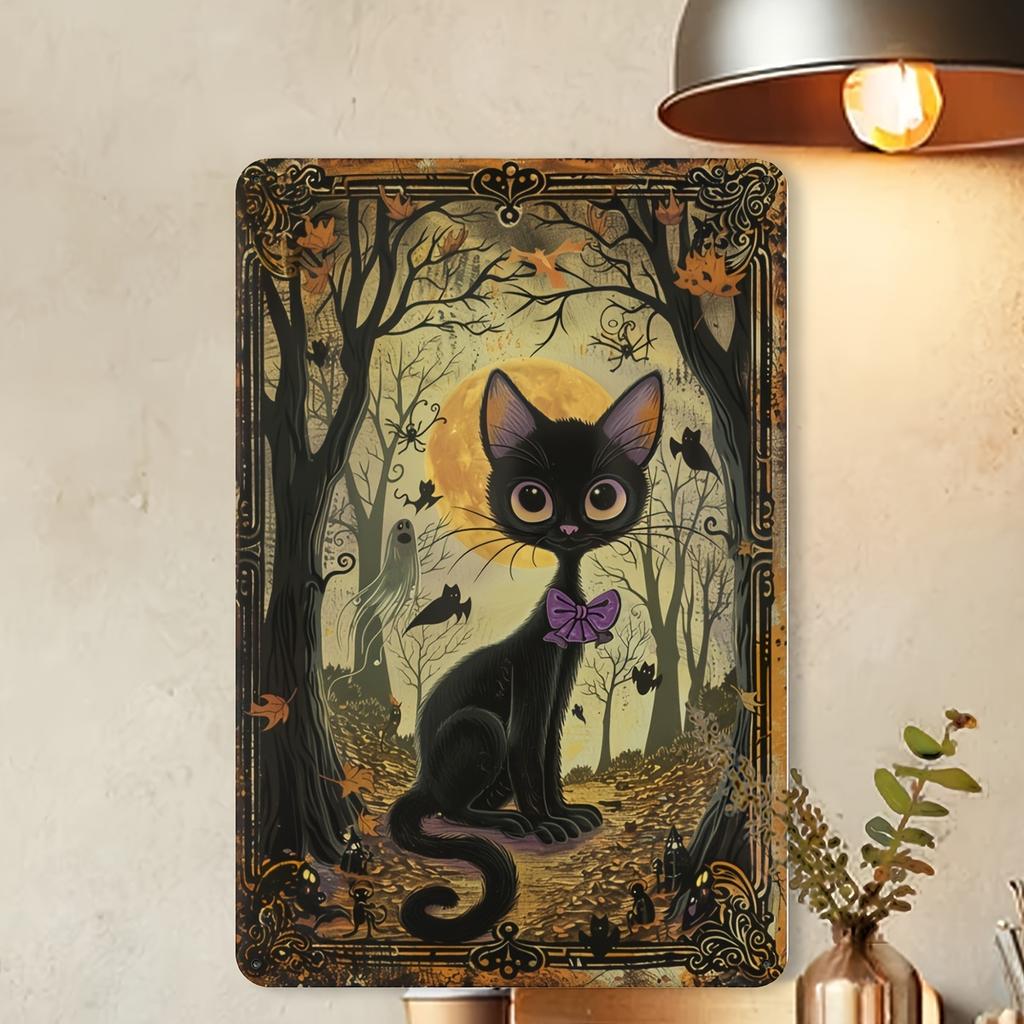 1pc Vintage Halloween Cat Metal Tin Sign, Iron Construction, Spooky Forest and Moon Scene, Wall Art for Home, Bar, Cafe, Gym, Ga
