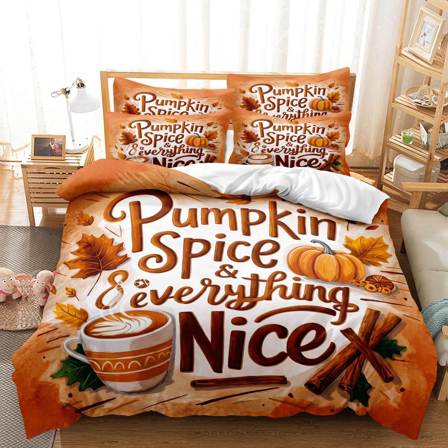 3-delige Herfst Oogst Thanksgiving Print Dekbedovertrek Set, Pumpkin Spice Latte Esdoornblad Kaneelstok Vintage Letterprint Beddengoed 180x210cm(71x83inch)&set