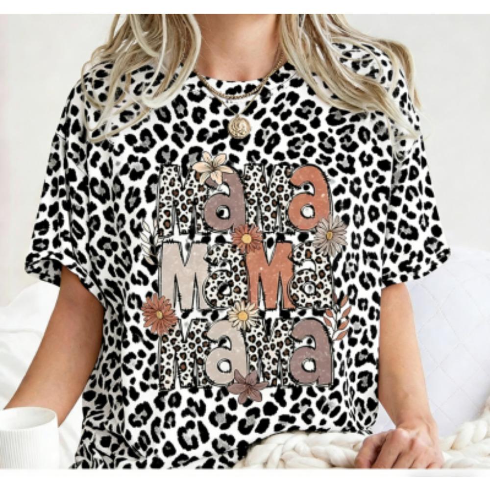 Funny Stripe Colorful Leopard Mama Print Women's Short Sleeves T-Shirt Loose Casual Summer Outdoor Street Women's Tees Tops