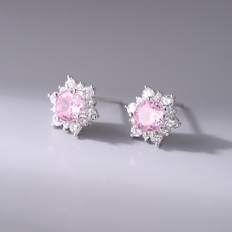925 Sterling Silver Snowflake Earrings with Diamonds and Pink Zircon - Elegant Women's Christmas Gift