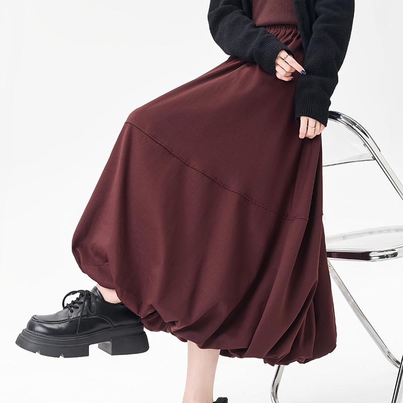 2026 Spring Korean Style High-waisted A-line Patchwork Lantern Midi Skirt One Size красный