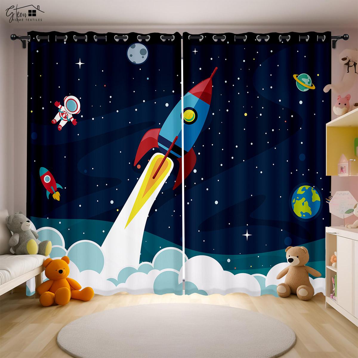 Cartoon Universum Vorhänge Weltraumfahrer Astronaut Raumschiff Rakete Planet Schlafzimmer Wohnzimmer Kinderzimmer 3D-Druck Vorhänge W50xH130(CM)x2PCS&Rod pocket