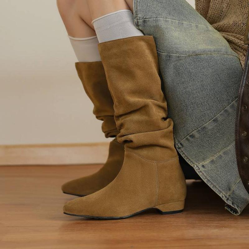 Autumn and winter women's Martin boots large size cow suede high boots sleeve rubber sole new versatile leather women's boots