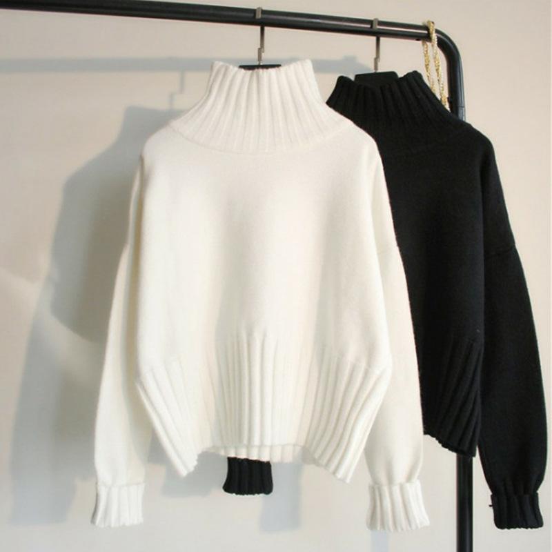 Lucyever Pulls Femme Automne Hiver Noir Blanc Doux Épais Coupe Ample Tricotés Pullovers Femme Manches Longues Col Roulé