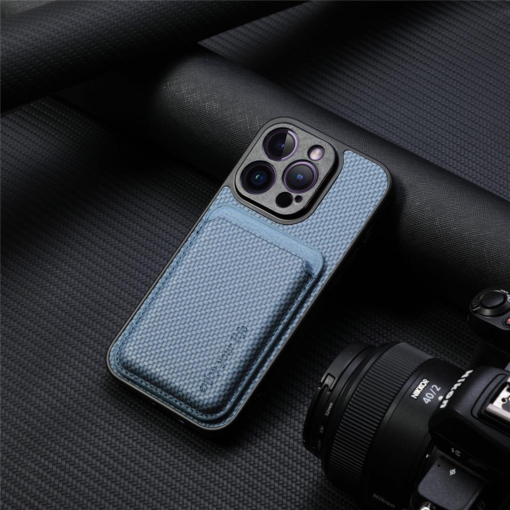 Applicable To IPhone16 Pro Mobile Phone Case, Carbon Fiber Pattern Imitation Leather 14/13 Magnetic Card Bag, Apple 15 Protective Case