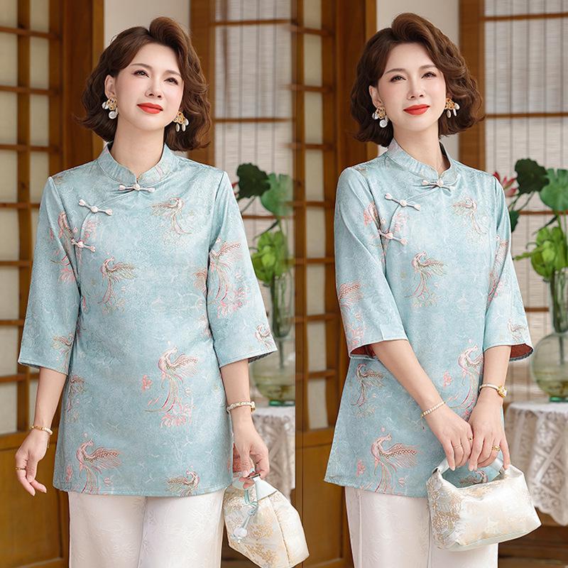 

2026 Women s Summer Mid-Sleeve Thin Cardigan for Mothers and Middle-Aged Women - Chinese Style 2XL (110-125 lbs)