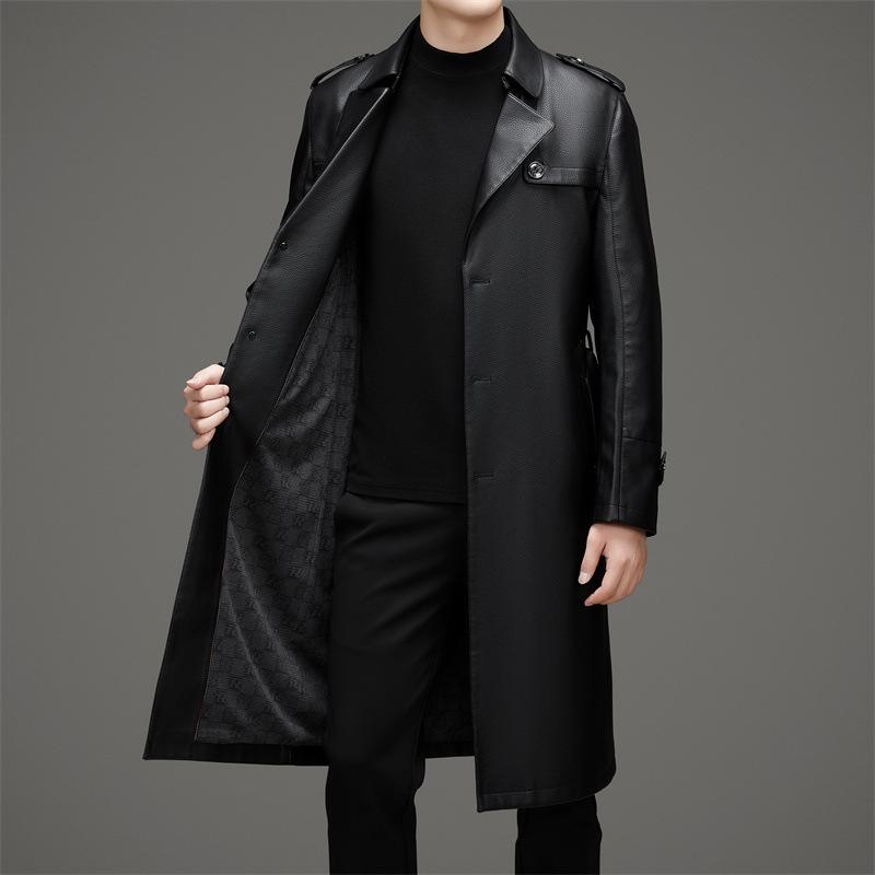 Trench-coat double boutonnage en cuir de mouton pour homme, Mi-mollet, Doublé velours