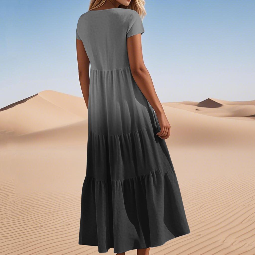 Women's Summer V-Neck Beach Long Short Sleeve Patchwork Gradient Dresses