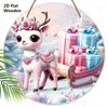 2D Flat Pink Wooden Christmas Sign, Charming Decorative Plaque with Adorable Elk Sled Pattern, Ideal for Front Door, Home, Office Decor