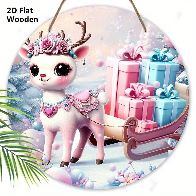 2D Flat Pink Wooden Christmas Sign, Charming Decorative Plaque with Adorable Elk Sled Pattern, Ideal for Front Door, Home, Office Decor