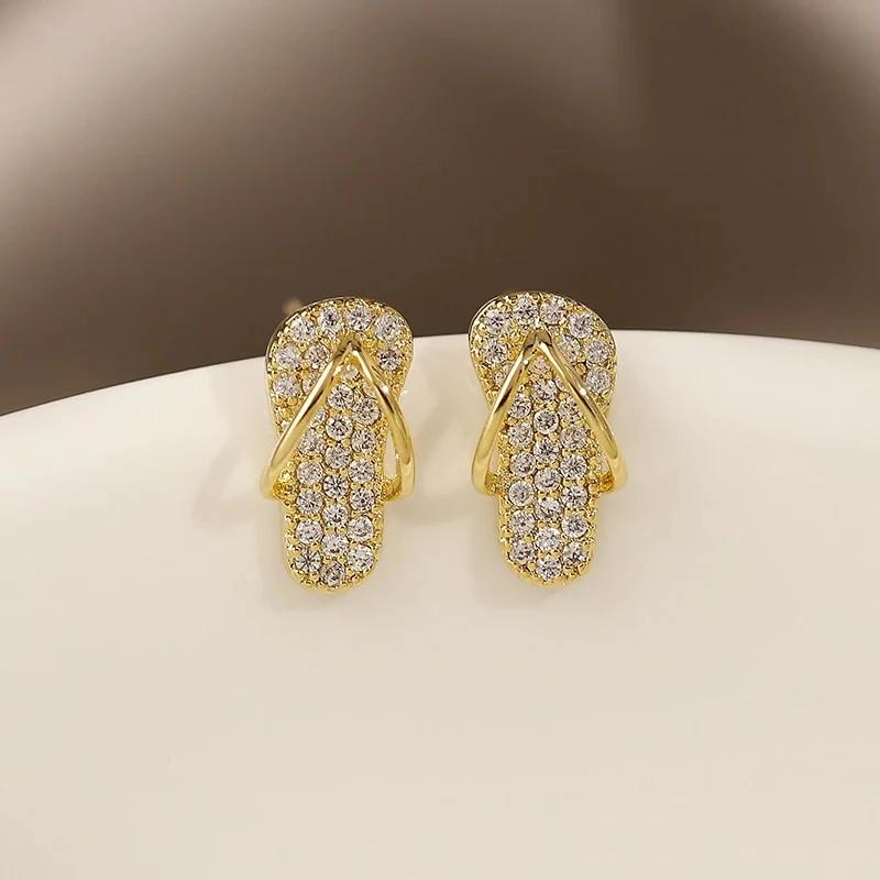 Huitan Funny Slipper Shaped Stud Earrings Full CZ Bling Bling Dainty Ear Stud for Women Daily Wear Dance Party Statement