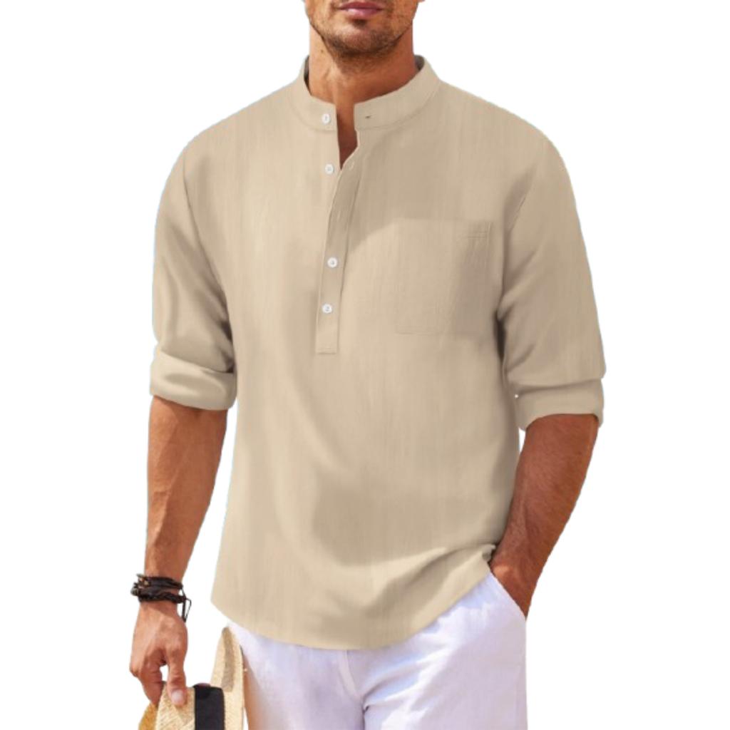 Men's Casual Cotton Linen Stand,up Collar Long,sleeved Shirt