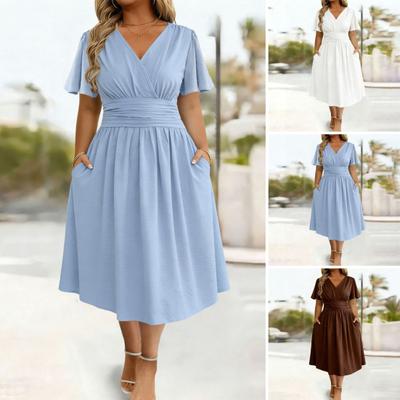 Women Dress Casual V Neck A-Line Maxi Dress Swing Long Dress Plus Size Flowy Beach Sundress for Party Office Daily