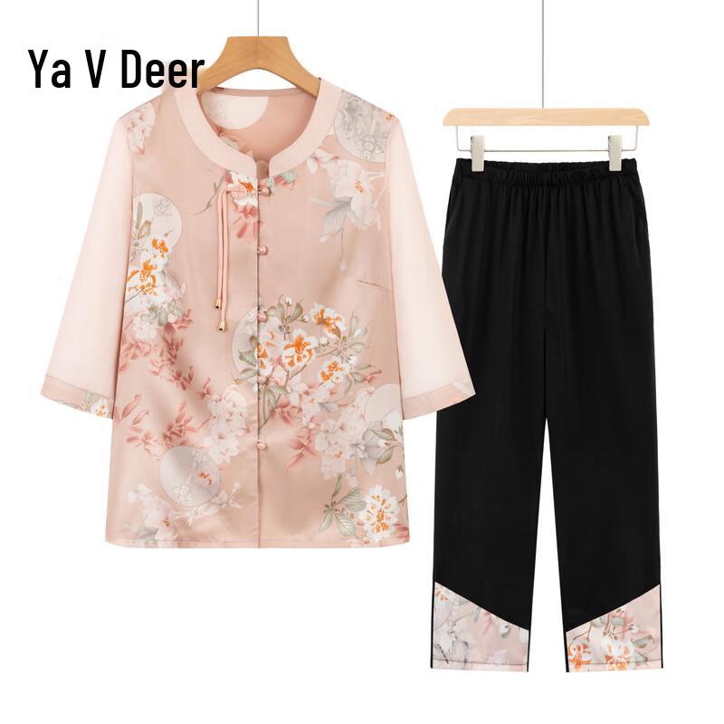 Yalu Mid-Aged Women s Floral Summer Shirt Set XL