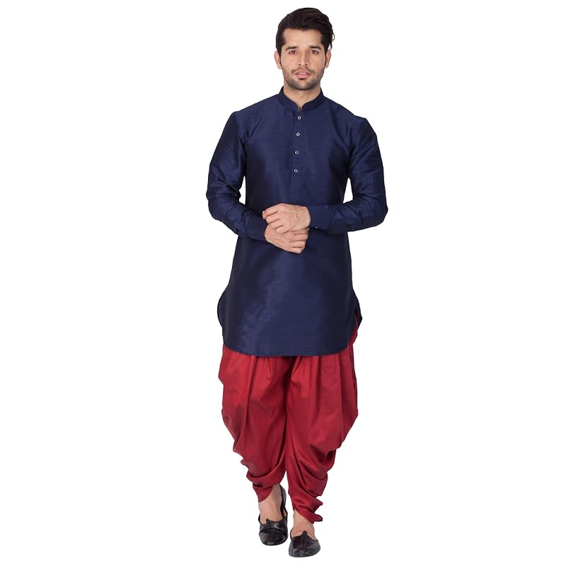 VASTRAMAY Mens Cotton Silk Kurta and Dhoti Pant Set (Blue VASMUK0 1NBnCDMA )