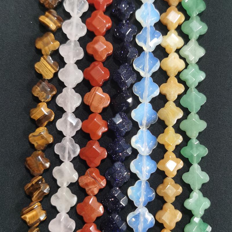 12mm Natural Agate Tiger Eye Four-Leaf Clover Faceted Beads for DIY Jewelry Making