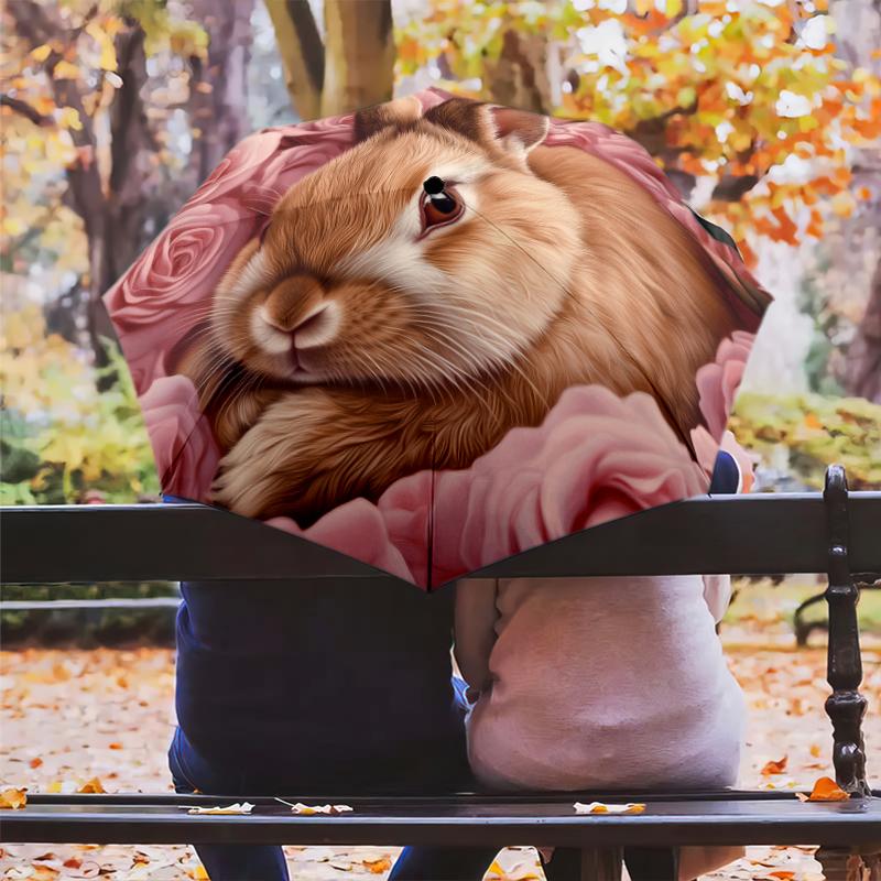 Rabbit and Flowers pattern, automatic folding umbrella, portable and foldable design, 8 ribs, a Christmas or birthday gift.