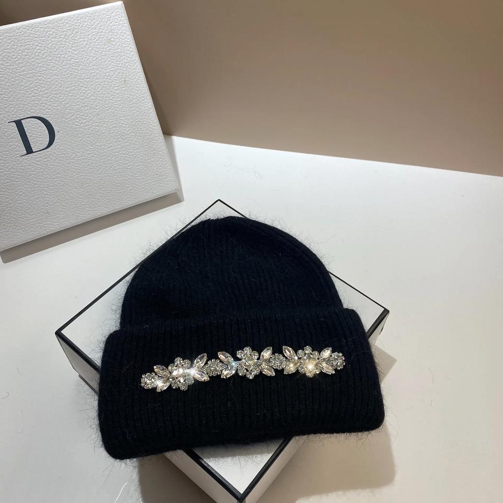 2024Mode Damen Wintermütze Echtes Kaninchenfell Gestrickte Mützen Diamanten Blume Damen Freizeit Hüte Warme Wolle Skullies Beanies