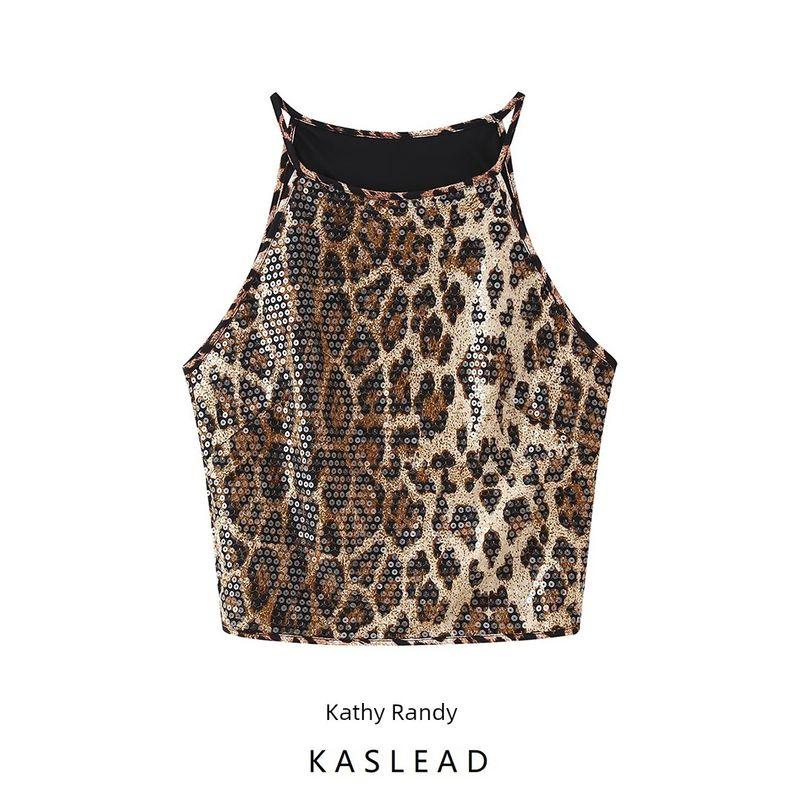 Kaslead New Arrival Women's Fashion Style Stylish Simple and Versatile Leopard Print Sequin Sling Vest