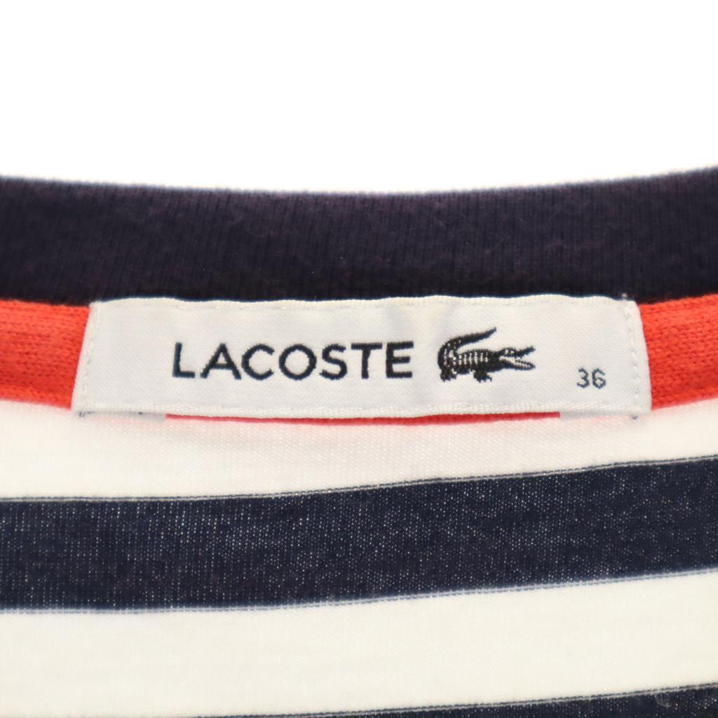 LACOSTE Border Pattern French sleeve V neck T-shirt 36 Navy Women Used