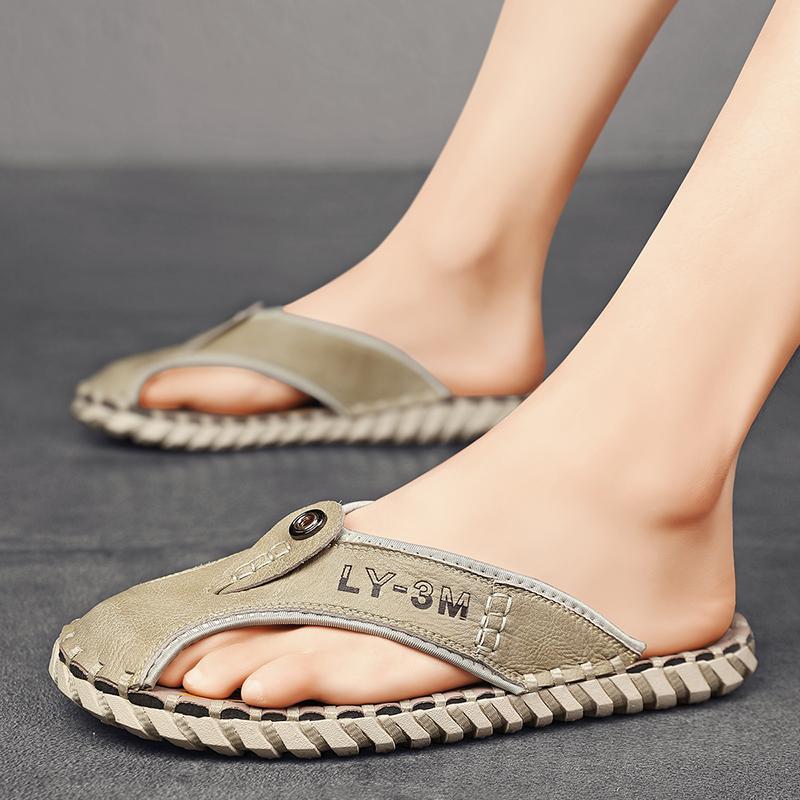 Men Foreskin Herringbone Slippers PU Hand Sewn Flat Bottomed Anti-collision Toe Comfortable Outdoor Beach Sandals