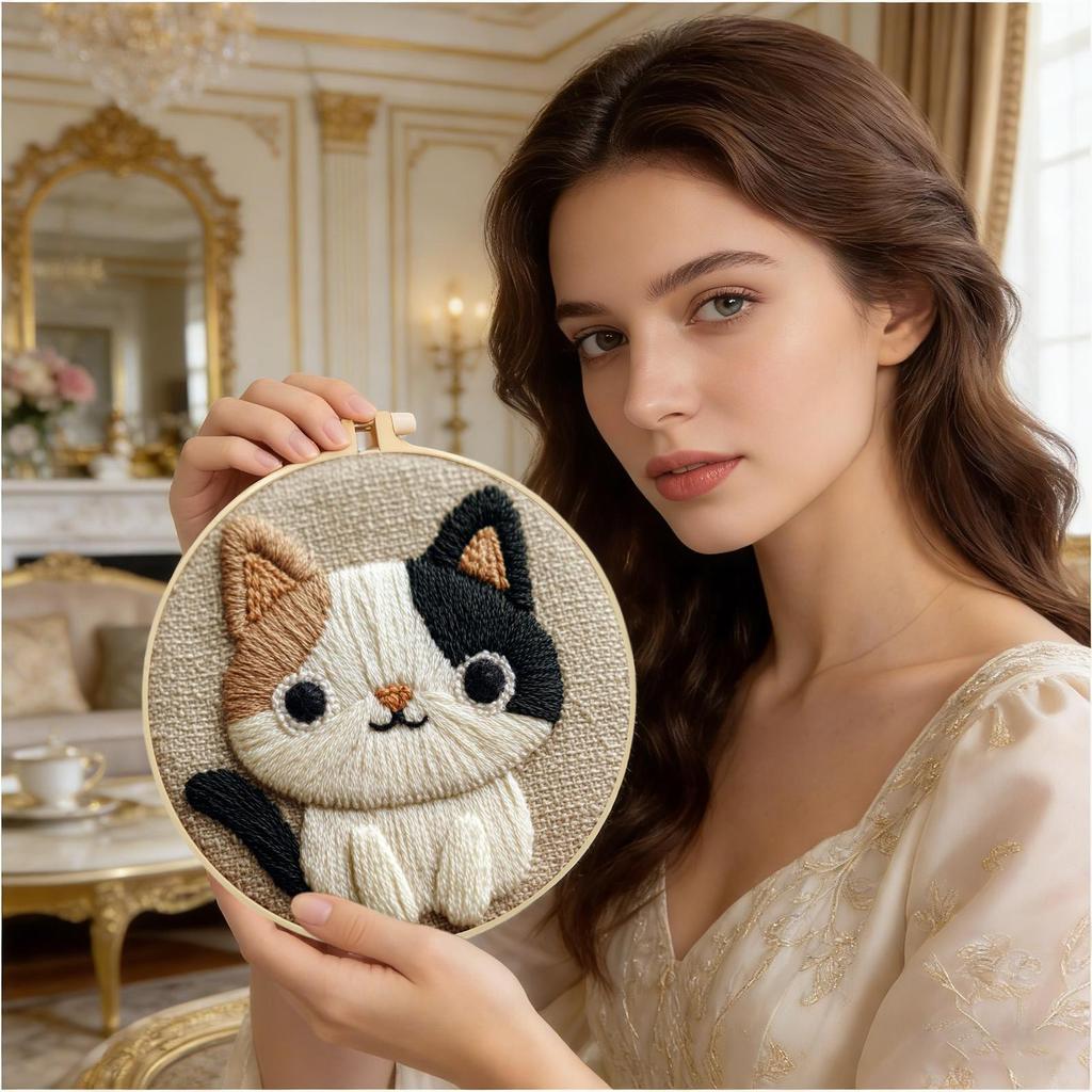 Kit de Punch Needle Tema Gato Fofo Conjunto de Artesanato Bordado Kit de Bordado Punch para Alívio do Estresse Vínculo Pai-Filho Iniciantes Crianças