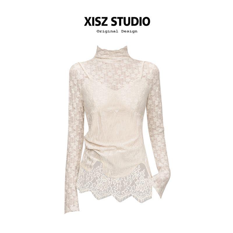 

French-Style High-Neck Lace Floral Patchwork T-Shirt for Women, Autumn Niche Design, Stunning Slim-Fit Base Top, Trendy Light Apricot [High Quality] S