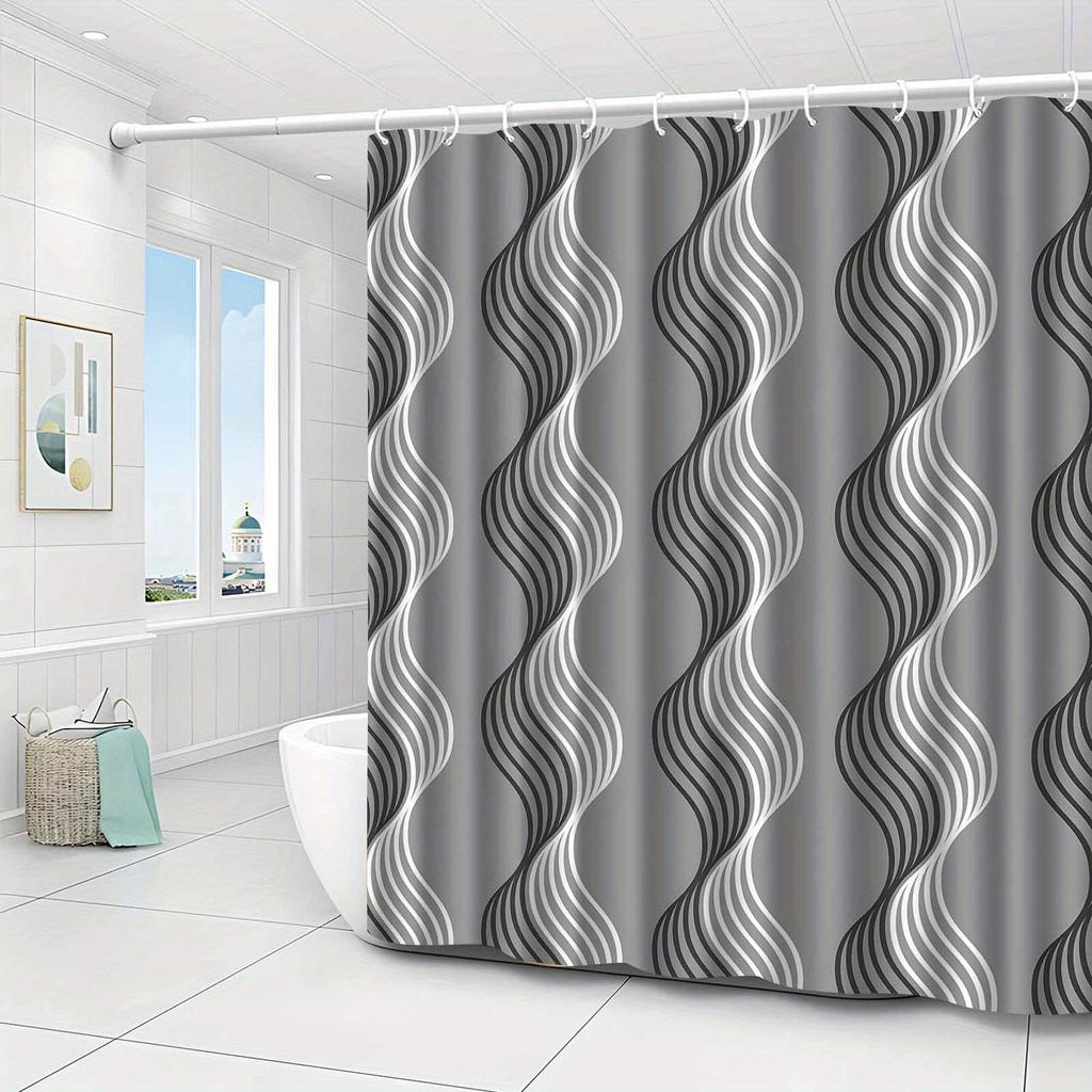 Abstrakte Wellenlinien Duschvorhang Grau und Weiß Geometrisches Design Wasserdicht Bad Dekor Elegante Zeitgenössische Badezimmer Vorhänge
