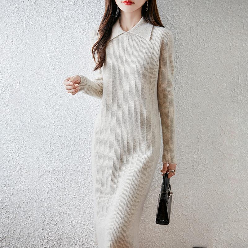 Women Sweater Dress 100% Wool MODERN NEW SAGA Turn-down Collar Knit Long Pullover Winter Jumpers Wool Long Dress Female