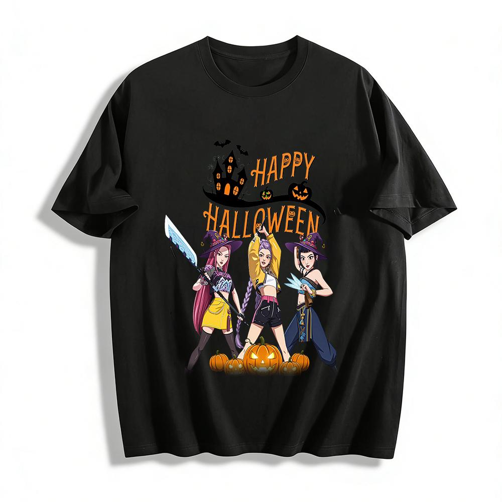 

Halloween Witch Girl Group Print Casual Top Trendy Spooky Style Loose Fit T-Shirt Pure cotton T-shirt XXS