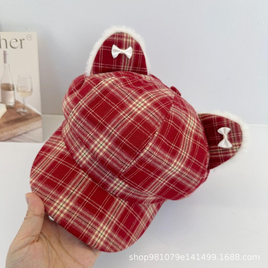 New cute octagonal hat autumn and winter plaid cat ears baseball cap cute college style painter duck tongue newsboy hat woman