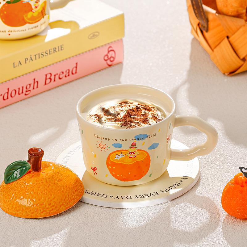Orange Ceramic Water Cup with Lid - Cute Office Souvenir or Birthday Gift for Home Use