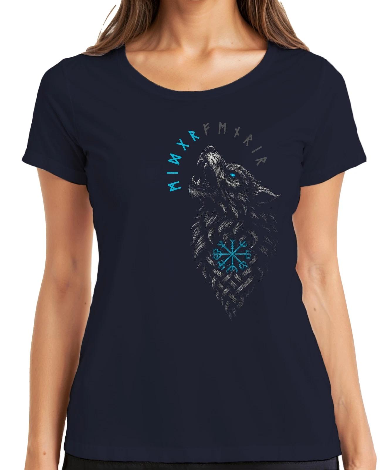 Wikinger Wolf nordisch Vegvisir Runen Valhalla Fenrir Kompass Damen T-Shirt M