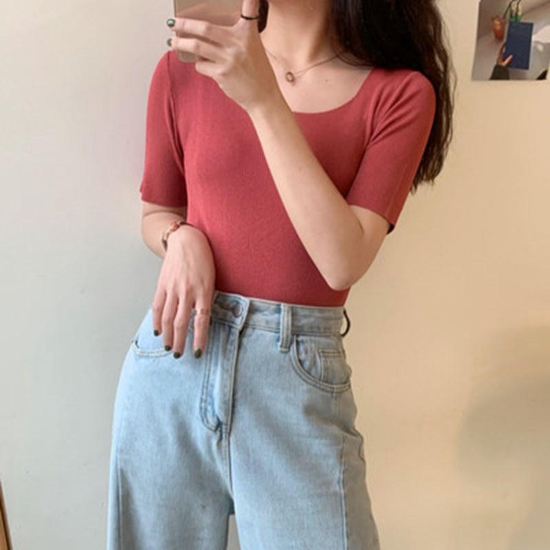 

Женский летний однотонный пуловер с короткими рукавами и квадратным вырезом, вязаный свитер OneSize кирпич красный