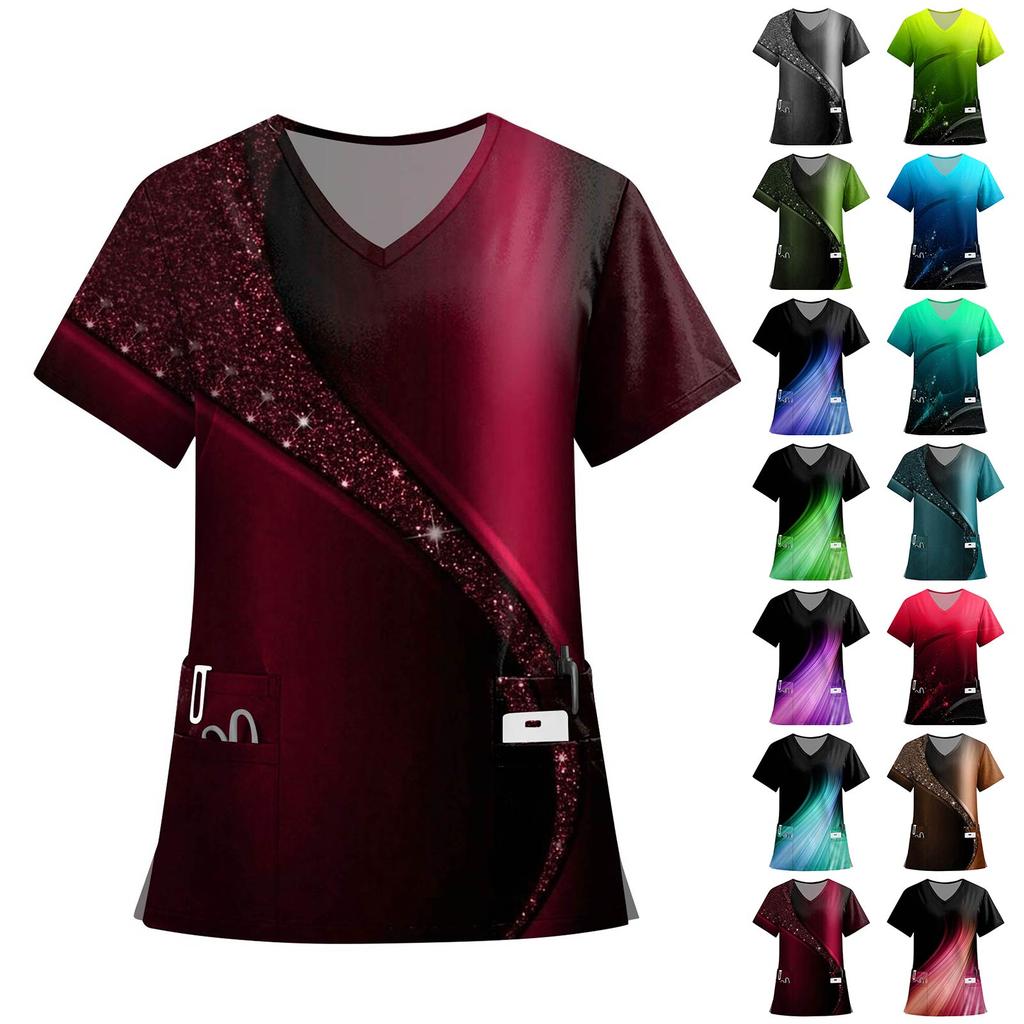 Women's Fashion Printed Short Sleeve V Neck Pattern Tops Pocket Working T-shirts