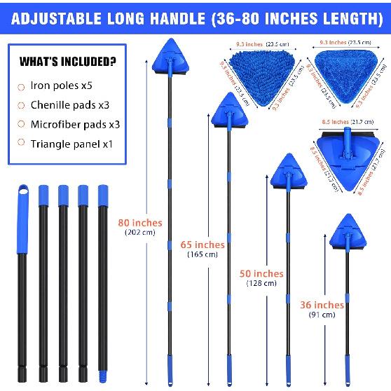 Wall Mop Cleaner Long Handle 80 Inches, 180° Folding Ceiling Washer Scrubber and Squeegee, Triangle Baseboard Cleaning Tool Duster with 6 Microfiber