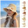Cherry Embroidered Women Sun Hat Solid Color Woven Bucket Hat Retro Straw Fisherman Hat  Holiday