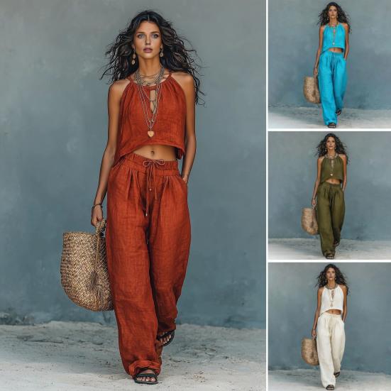 Completi da Donna 2 Pezzi Top Corto Senza Maniche e Pantaloni Lunghi a Gamba Larga Set Coordinati Casual Abbigliamento Estivo per Viaggi Vacanze Relax