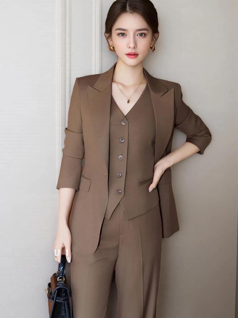 Women's Dark Brown Lyocell Blazer with Wide-Leg Pants Three-Piece Business Set
