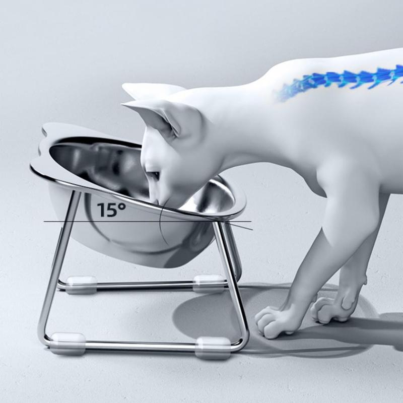 Stainless Steel Elevated Cat Bowl Tilted Raised Cat Bowl With Metal Stand Pet Feeding Dish To Prevent Fatigue For Cat And Dog