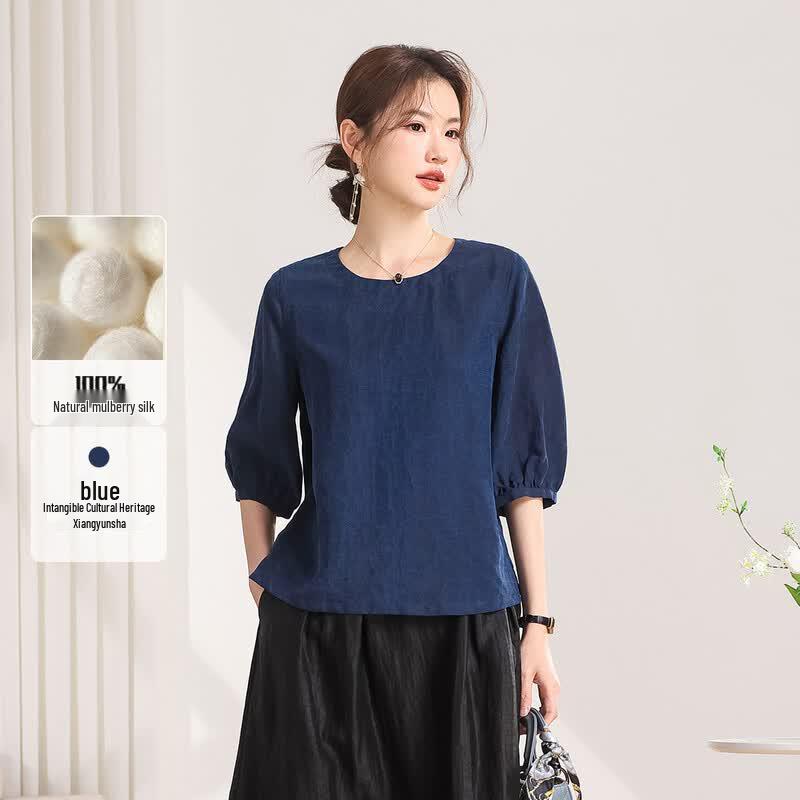 Qianbainian Women's Mulberry Silk T-shirt with Cracked Pattern