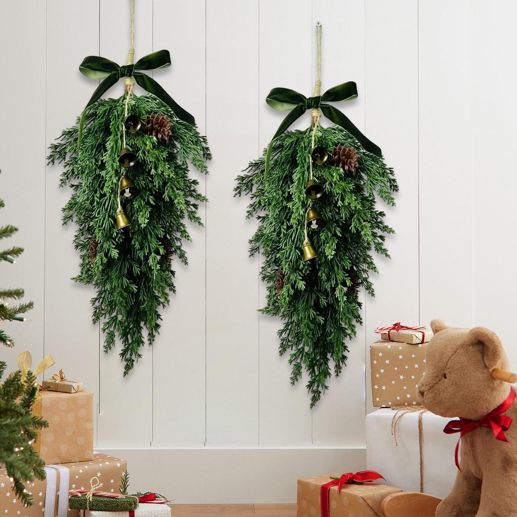 Hanging Swag with Pinecones and Ribbon Natural Evergreen Branches Decorative Door or Wall Arrangement for Home Office