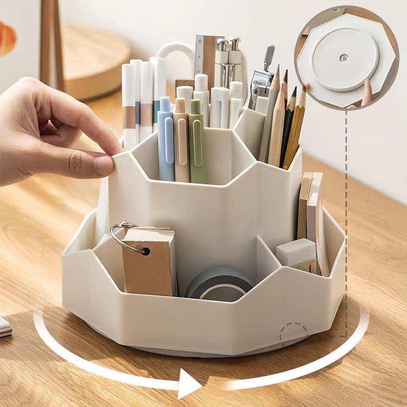 Rotating Pen Holder Multi-Compartment Storage Caddy Large-Capacity Desktop Stationery & Cosmetic Storage Box for Dorms Office