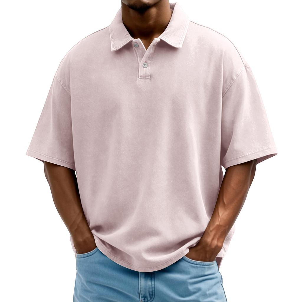 Men's Washed Vintage Polo Shirt Single Breasted Short Sleeve Casual Shirt with Turn Down Collar Loose Fit