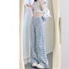 Inward Hem Blue Plaid Women's Wide-Leg Pants - Plus Size Loose Fit for Spring/Summer