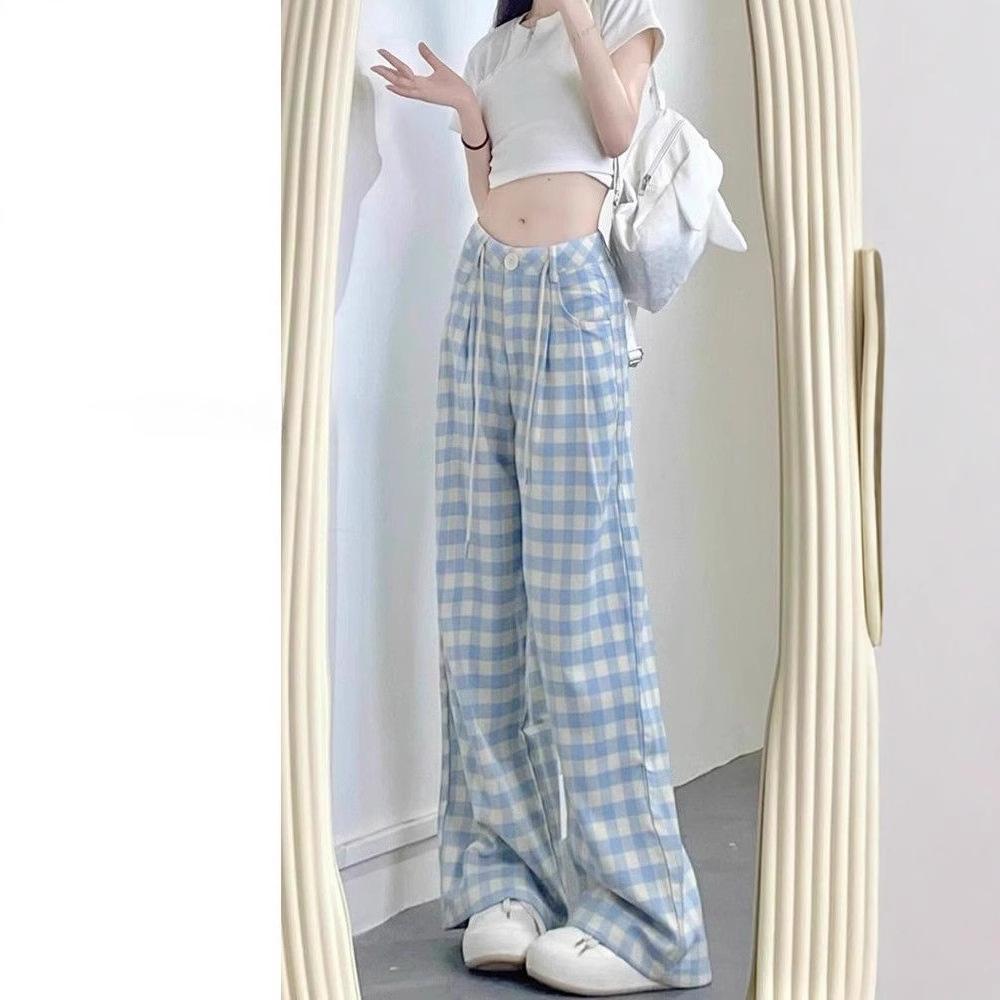 Inward Hem Blue Plaid Women's Wide-Leg Pants - Plus Size Loose Fit for Spring/Summer