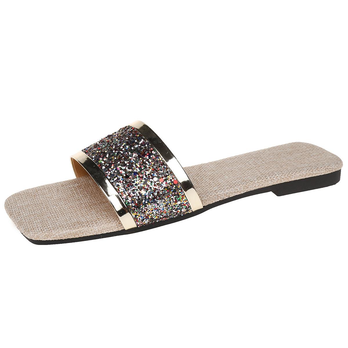 

Большие размеры, новые однотонные сандалии с блестками, женская летняя верхняя одежда, модные пляжные женские сандалии и тапочки с квадратным носком и открытым носком на плоской подошве 38