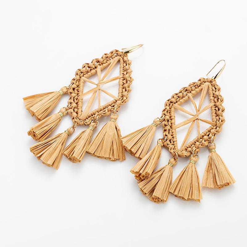 Raffia Hand-Woven Dreamcatcher Earrings with Ear Hooks