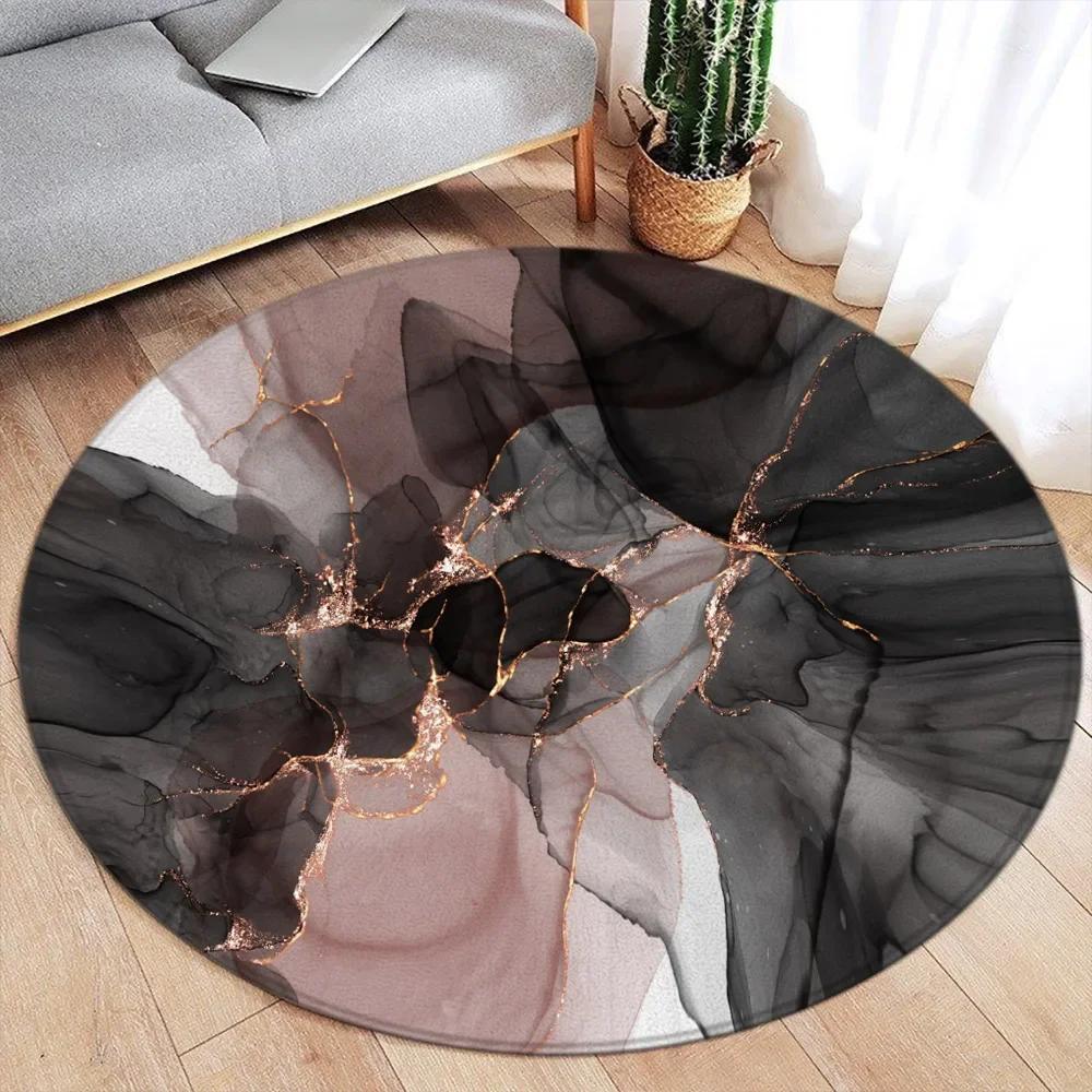 Abstract Marble Round Area Rug – Green Ink & Gold Line Design – Modern Luxury Carpet for Living Room or Bedroom, Soft Floor Mat